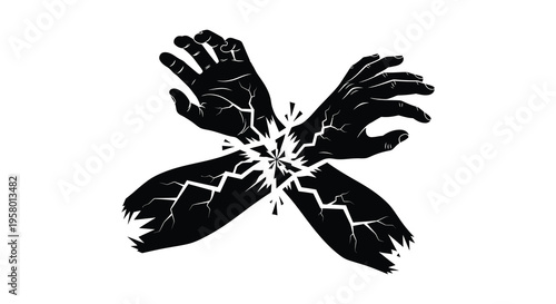 Two hands reaching with fractured energy effects a dark silhouette