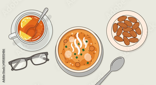 still life illustration of soup, cookies, and tea with glasses on wooden table