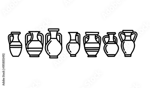 Greek amphora and vase outline icons vector set with bold ancient pottery symbol collection