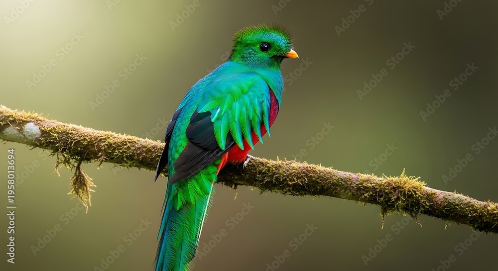 Obraz premium A vibrant resplendent quetzal bird perched on a mossy branch in a tropical rainforest setting.