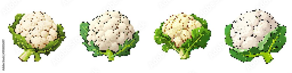 Fototapeta premium Cauliflower pixel icon set. retro, pixelated 2d graphics for games and apps