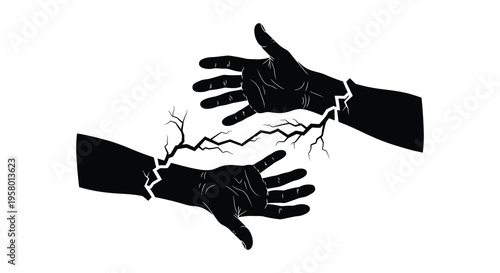Two hands reaching fractured with energy a dramatic silhouette