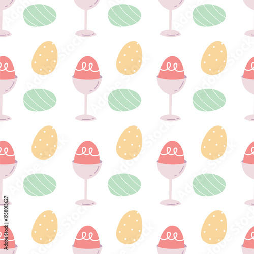 Seamless easter egg pattern with egg cups in soft pastel colors. Perfect for textile, wrapping paper, and holiday design. Cute modern spring background.