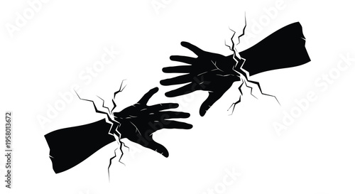 Two hands reaching fractured with cracks a dramatic silhouette