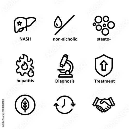 Medical Icons Representing Liver Health and Treatment.