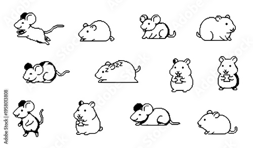 Pixel art hamster and mouse collection vector with playful adorable rodent characters