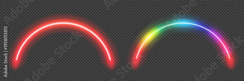 Red and rainbow smooth neon led arc. Soft glowing semicircle arch portal. Vector illustration with gradient mesh and overlay effect.