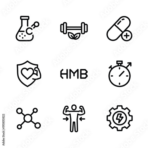 HMB Supplement Icons Representing Health Fitness and Science.