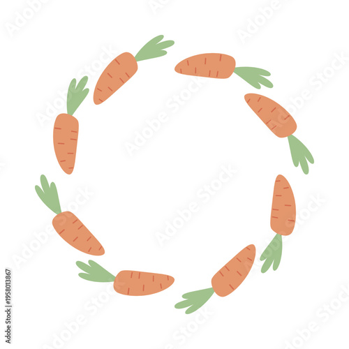 Carrot wreath in flat style forming a circular frame. Perfect for farm design, food branding, and seasonal decor. Simple modern vegetable illustration.