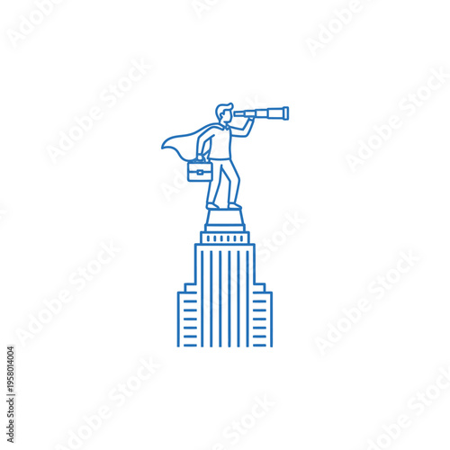 Man with telescope on skyscraper looking into distance.