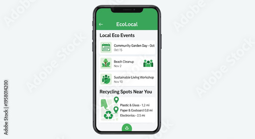 Mobile app interface displaying local eco-friendly resources and recycling spots.