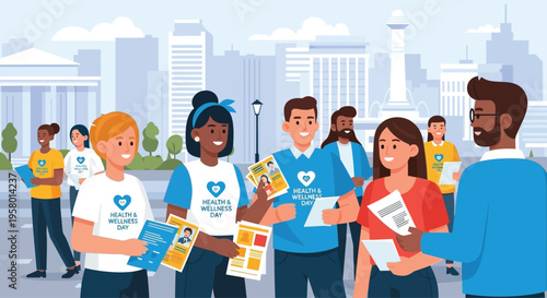 Diverse group of volunteers distributing flyers.