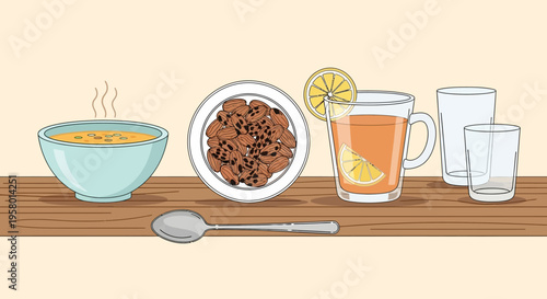 flat illustration of breakfast foods on blue background