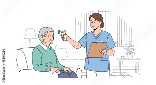 Nurse checking elderly womans temperature with thermometer.