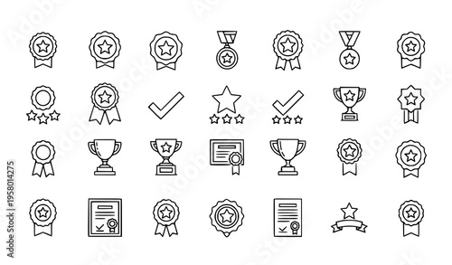 A set of black and white line art icons representing awards and achievements