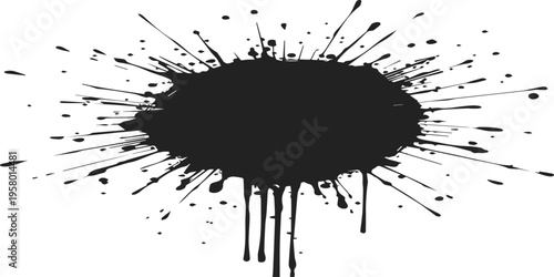 Black grunge ink splat vector illustration featuring dirty paint splashes and liquid drip stains on a textured spray blot background