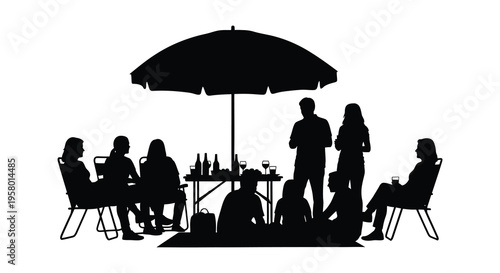 People enjoying a summer picnic under an umbrella black silhouette