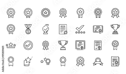 A set of black and white line art icons representing awards and achievements