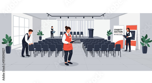 Event staff setting up chairs and preparing for a conference.