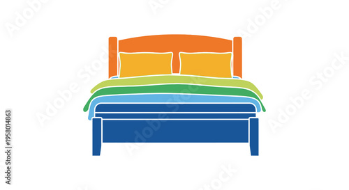 Colorful bed illustration with layered bedding a minimalist silhouette