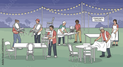 Event Setup Crew Arranging Tables and Chairs Outdoors.