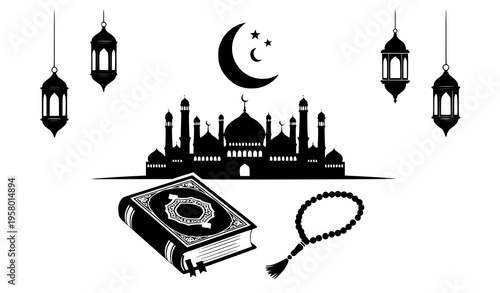 Islamic Ramadan composition with mosque crescent moon lantern Quran and prayer beads silhouette vector illustration isolated on white background