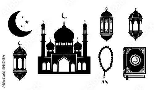 Ramadan Islamic silhouette icon set crescent moon mosque lantern Quran and prayer beads vector illustration isolated on white background