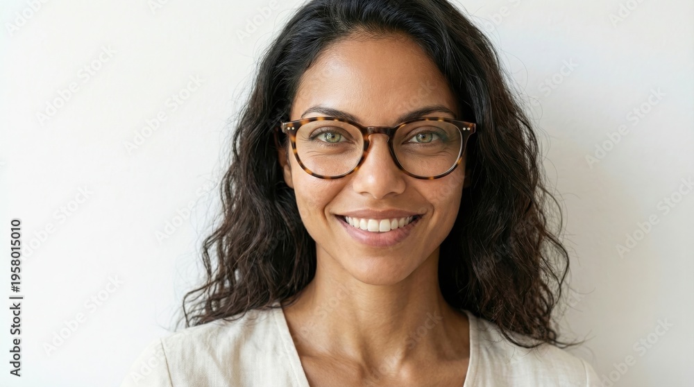 Obraz premium Smiling woman with tortoiseshell glasses and long dark hair. Authentic happiness and natural beauty.