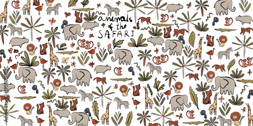 Seamless Beige Safari Animals Pattern – Hand Drawn Neutral Jungle Background