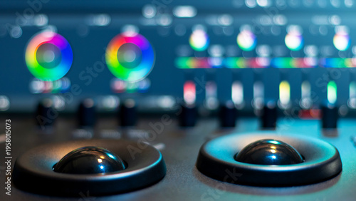 close-up of color wheel and color grading balls used for color grading new films in a professional studio.