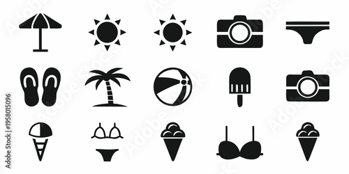 A collection of black silhouette icons representing summer vacation items