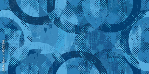 Abstract blue background with overlapping circular and brushstroke patterns