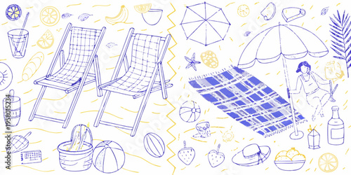 A summery sketch featuring beach items chairs and fruity refreshments