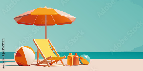 A vibrant beach scene with a sun umbrella chair and summer accessories