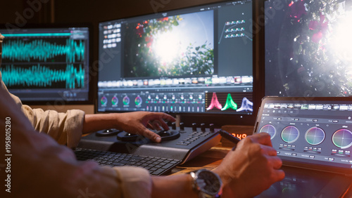 Quadro su tela An Asian color grading technician is adjusting colors to be accurate and precise for a new nature-themed film in his state-of-the-art studio