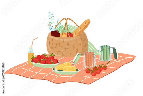 Summer picnic wicker basket, strawberries, corn and fresh vegetables on blanket. Relaxed outdoor dining scene in flat style Hand drawn vector illustration for seasonal design, relaxation, leisure time