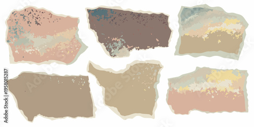 Six torn paper scraps with abstract watercolor washes in muted tones