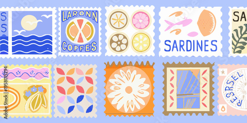 Collection of illustrated postage stamps with various whimsical designs