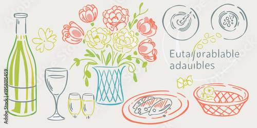 A colorful hand drawn illustration of a picnic with flowers and food