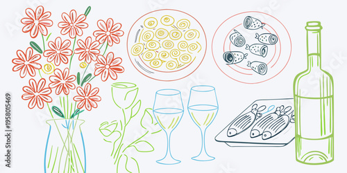 A delightful sketched still life featuring flowers food and wine