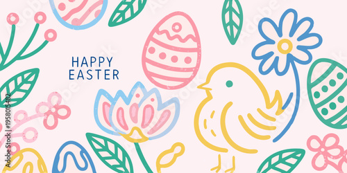 A cheerful easter illustration featuring eggs flowers and a small bird