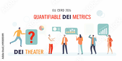 Illustration depicting people discussing diversity equity and inclusion metrics