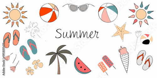 A colorful summer illustration with beach accessories and tropical elements