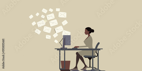 Woman overwhelmed by digital correspondence while working at a computer