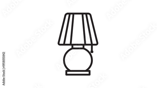 Lamp with a spherical base and a conical shade with vertical lines, presented in a clean, minimalist outline style.