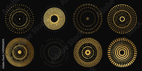 Eight golden geometric designs arranged on a black background