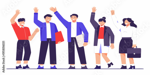 Diverse group of professionals cheerfully raising their hands in unison