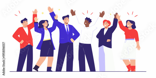 A diverse group of professionals celebrate success with a high five