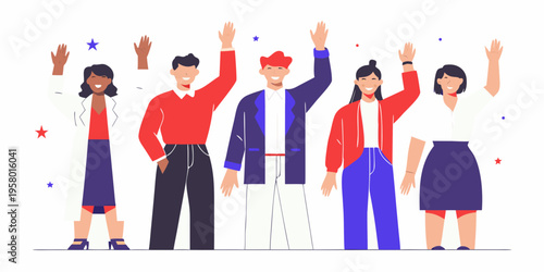 Diverse group of people raising hands in a celebratory gesture