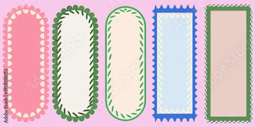 Five uniquely bordered elongated shapes arranged in a horizontal row